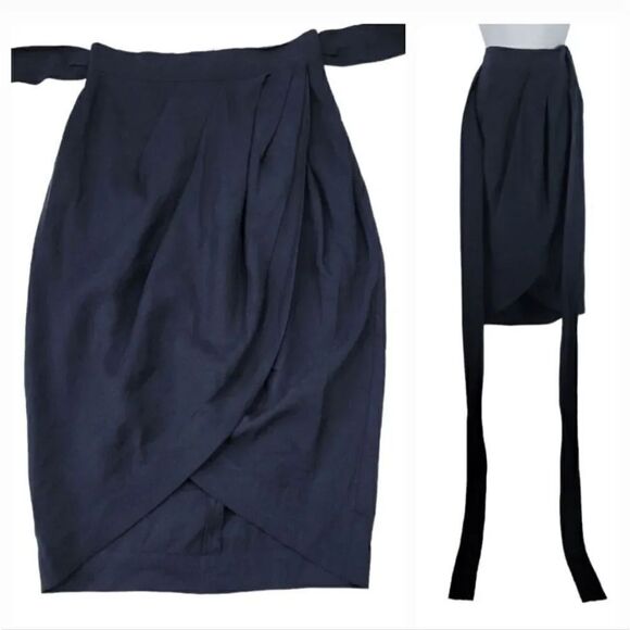 NEW Whit Silk and Linen Blend Tulip Wrap Midi Skirt in Navy Blue Size 4 - Picture 8 of 11